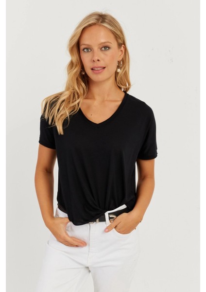 Kadın Siyah V Yaka Salaş T-Shirt LPP1271 modelleri