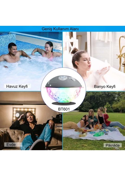 Bluetooth BT601 Havuz Hoparlörü Renkli Rgb LED Işık IP68 Su Geçirmez Dahili Şarjlı Pilli Ses Bombası indirimleri