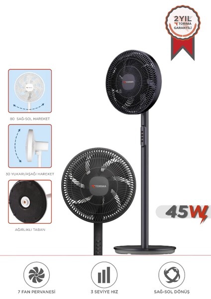 Sf-01 Siyah Ayarlanabilir Ayaklı 14'' Inc 45W 3 Kademeli 7 Pervaneli Vantilatör Fan
