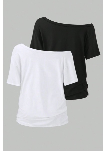 Siyah Beyaz 2li Paket Kadın Düşük Omuz Kayık Yaka Oversize T-Shirt fiyatları