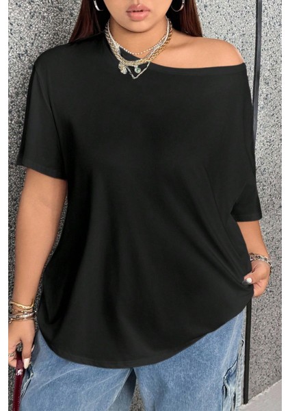 Siyah Beyaz 2li Paket Kadın Düşük Omuz Kayık Yaka Oversize T-Shirt modelleri
