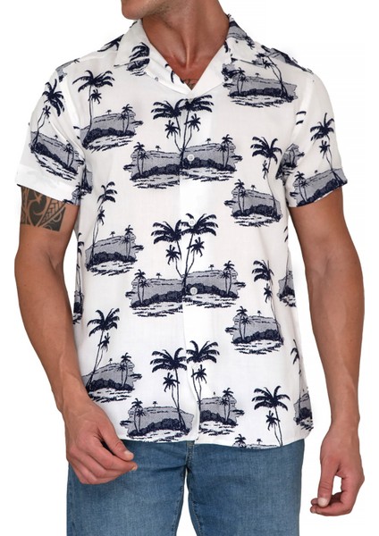 Beyaz Üzerine Lacivert Pamliyeli Viskon Hawaii Oversize Rahat Kesim Kısa Kollu Salaş Gömlek