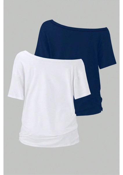 Lacivert Beyaz 2li Paket Kadın Düşük Omuz Kayık Yaka Oversize T-Shirt