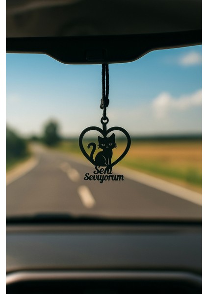 Lazer Kesim Metal Kalp Içinde Kedi “seni Seviyorum” Yazılı Araba Dikiz Aynası Süsü