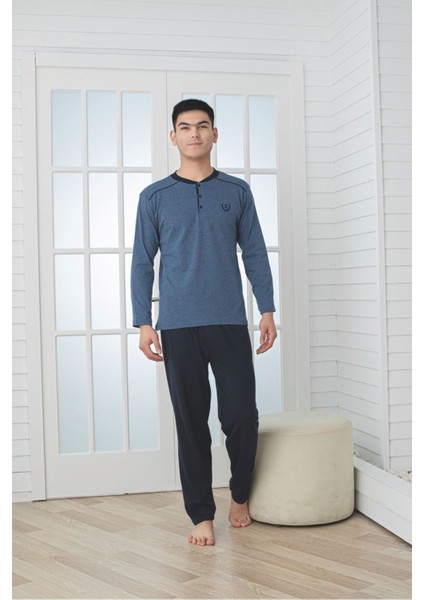 Erkek Füme Melanj Uzun Kollu Süprem Kumaş Dokuma Pijama Takımı