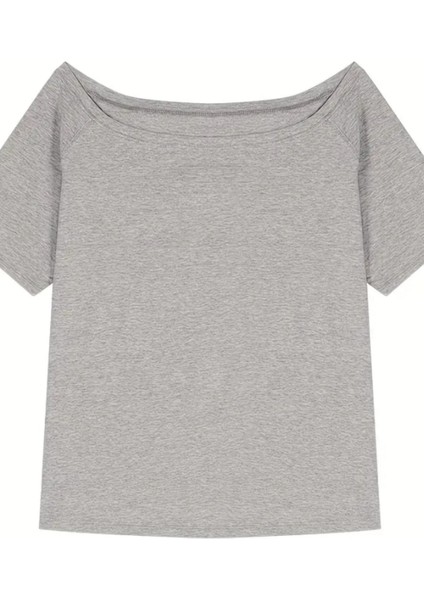 Gri Kadın Düşük Omuz Kayık Yaka Oversize T-Shirt fırsatları