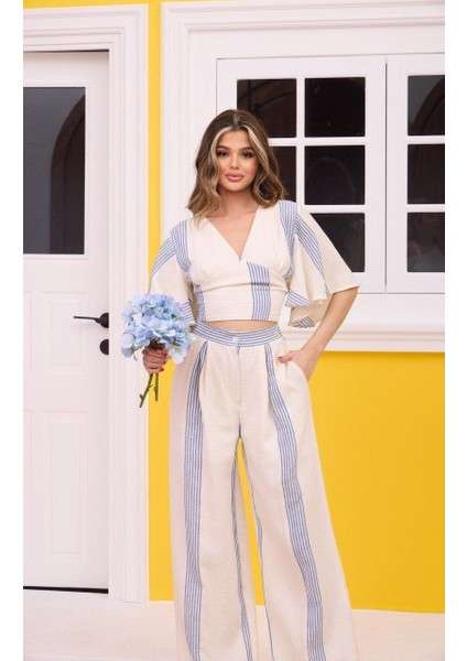 Bej Çizgi Desenli Crop Pantolon Muslin Takım