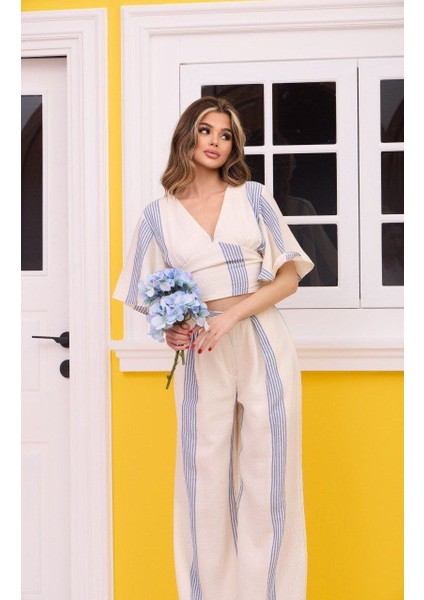 Bej Çizgi Desenli Crop Pantolon Muslin Takım fiyatları