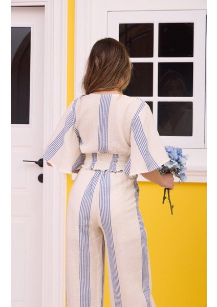 Bej Çizgi Desenli Crop Pantolon Muslin Takım modelleri