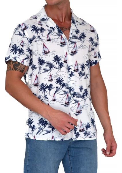 Beyaz Lacivert Denizci Yelken Baskılı Hawaii Oversize Rahat Kesim Kısa Kollu Salaş Gömlek