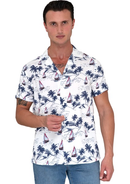 Beyaz Lacivert Denizci Yelken Baskılı Hawaii Oversize Rahat Kesim Kısa Kollu Salaş Gömlek modelleri