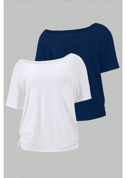 Lacivert Beyaz 2li Paket Kadın Düşük Omuz Kayık Yaka Oversize T-Shirt fiyatları