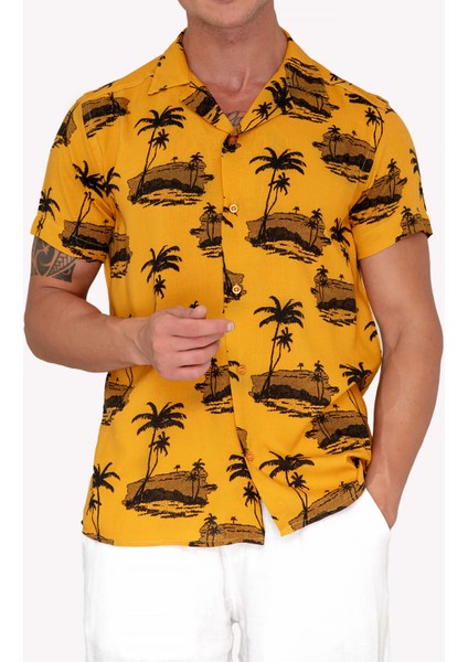 Hardal Üzerine Siyah Pamliyeli Viskon Hawaii Oversize Rahat Kesim Kısa Kollu Salaş Gömlek