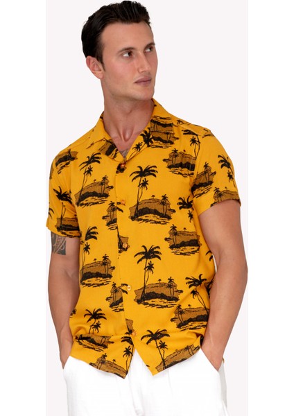 Hardal Üzerine Siyah Pamliyeli Viskon Hawaii Oversize Rahat Kesim Kısa Kollu Salaş Gömlek modelleri