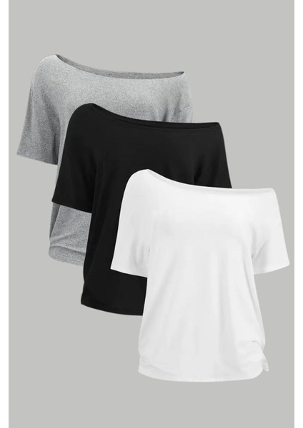 Beyaz Siyah Gri 3lü Paket Kadın Düşük Omuz Kayık Yaka Oversize T-Shirt