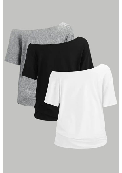 Beyaz Siyah Gri 3lü Paket Kadın Düşük Omuz Kayık Yaka Oversize T-Shirt fiyatları