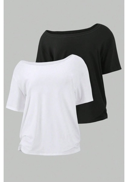 Siyah Beyaz 2li Paket Kadın Düşük Omuz Kayık Yaka Oversize T-Shirt