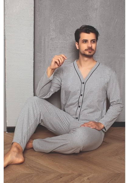 Erkek Füme Melanj Uzun Kollu Önden Düğmeli Süprem Kumaş Dokuma Pijama Takımı