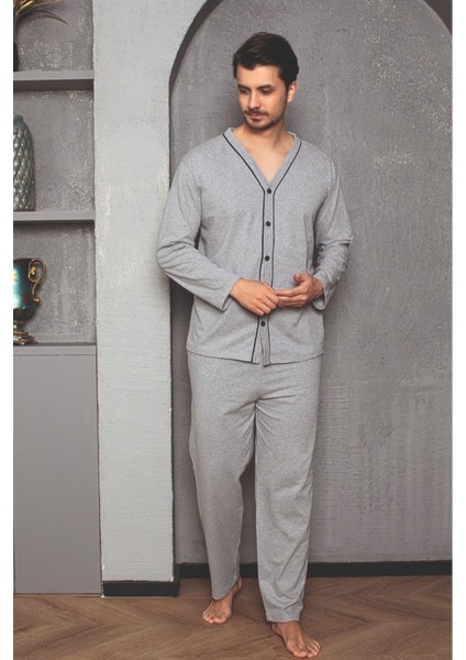 Erkek Füme Melanj Uzun Kollu Önden Düğmeli Süprem Kumaş Dokuma Pijama Takımı fiyatları