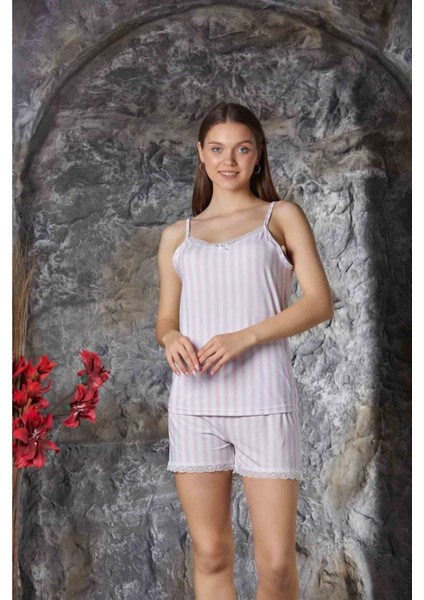 Pembe Dantel Detaylı Ip Askı Şortlu Milan Kadın Pijama Takımı