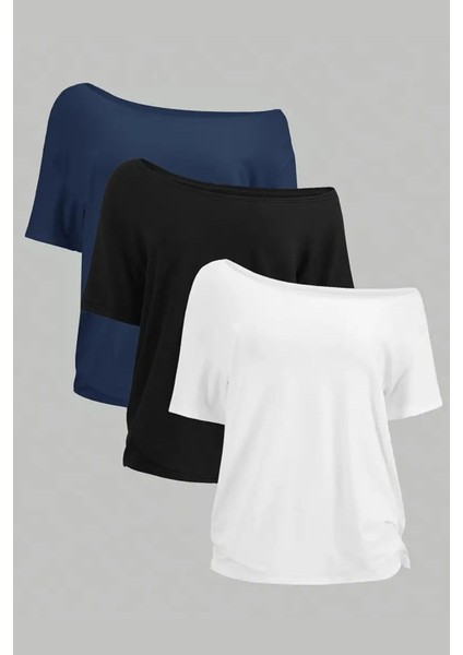 Lacivert Beyaz Siyah 3lü Paket Kadın Düşük Omuz Kayık Yaka Oversize T-Shirt