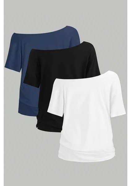 Lacivert Beyaz Siyah 3lü Paket Kadın Düşük Omuz Kayık Yaka Oversize T-Shirt fiyatları