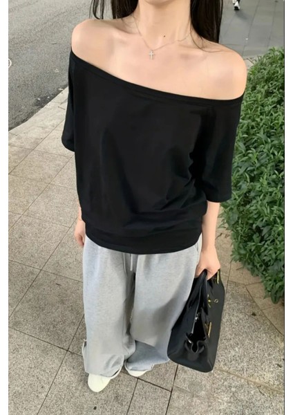 Lacivert Beyaz Siyah 3lü Paket Kadın Düşük Omuz Kayık Yaka Oversize T-Shirt fırsatları