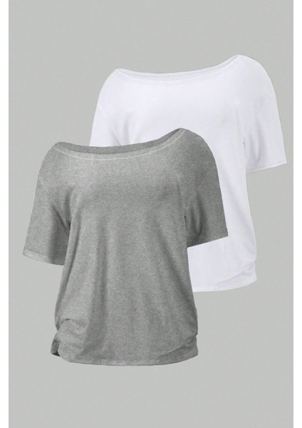 Gri Beyaz 2li Paket Kadın Düşük Omuz Kayık Yaka Oversize T-Shirt
