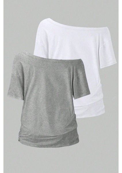 Gri Beyaz 2li Paket Kadın Düşük Omuz Kayık Yaka Oversize T-Shirt fiyatları