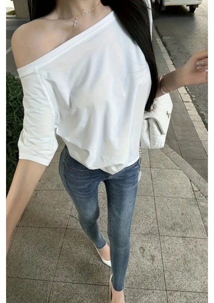 Gri Beyaz 2li Paket Kadın Düşük Omuz Kayık Yaka Oversize T-Shirt modelleri
