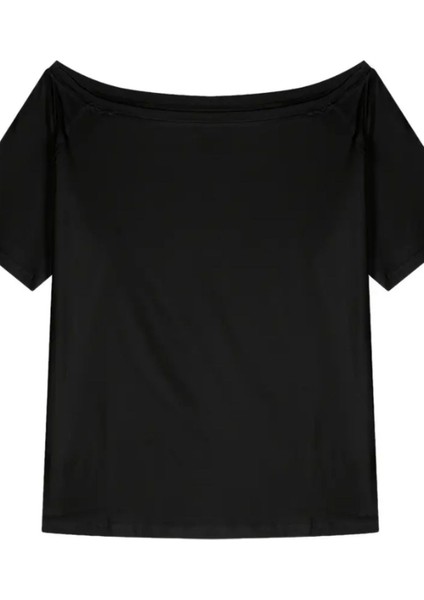 Siyah Kadın Düşük Omuz Kayık Yaka Oversize T-Shirt fiyatları