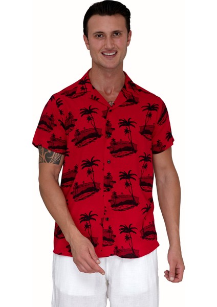 Kırmızı Üzerine Siyah Pamliyeli Viskon Hawaii Oversize Rahat Kesim Kısa Kollu Salaş Gömlek modelleri