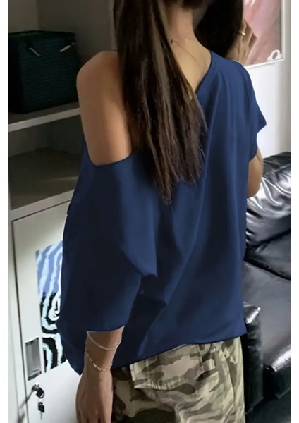 Lacivert Kadın Düşük Omuz Kayık Yaka Oversize T-Shirt modelleri