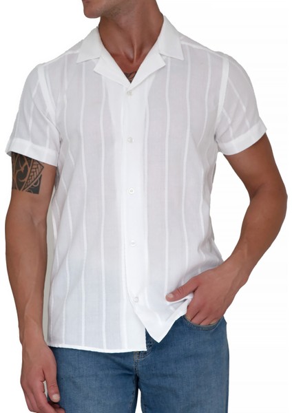 Beyaz Doğal Keten Kendinden Çizgili Hawaii Oversize Rahat Kesim Kısa Kollu Salaş Gömlek