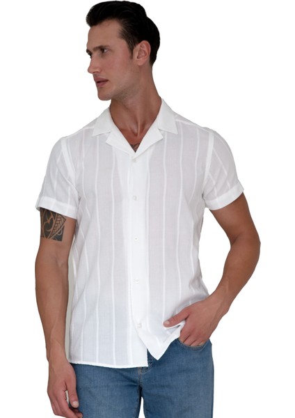 Beyaz Doğal Keten Kendinden Çizgili Hawaii Oversize Rahat Kesim Kısa Kollu Salaş Gömlek fiyatları