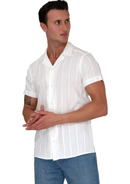 Beyaz Doğal Keten Kendinden Çizgili Hawaii Oversize Rahat Kesim Kısa Kollu Salaş Gömlek modelleri