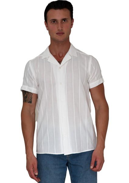 Beyaz Doğal Keten Kendinden Çizgili Hawaii Oversize Rahat Kesim Kısa Kollu Salaş Gömlek fırsatları