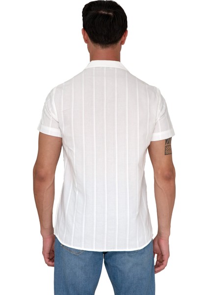 Beyaz Doğal Keten Kendinden Çizgili Hawaii Oversize Rahat Kesim Kısa Kollu Salaş Gömlek indirimleri