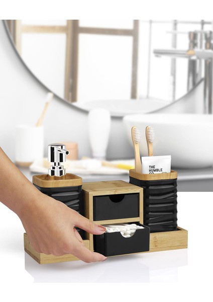 Siyah Bambu Çekmeceli Sıvı Sabunluk ve Diş Fırçalıklı Banyo Organizeri modelleri