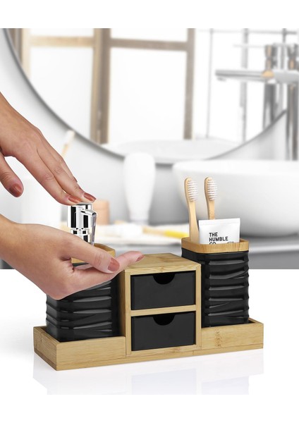 Siyah Bambu Çekmeceli Sıvı Sabunluk ve Diş Fırçalıklı Banyo Organizeri fırsatları