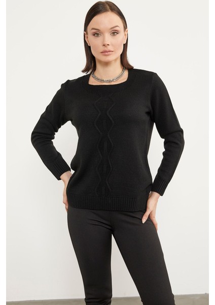 Önü Örgü Detaylı Triko Basic Kazak - Güneş