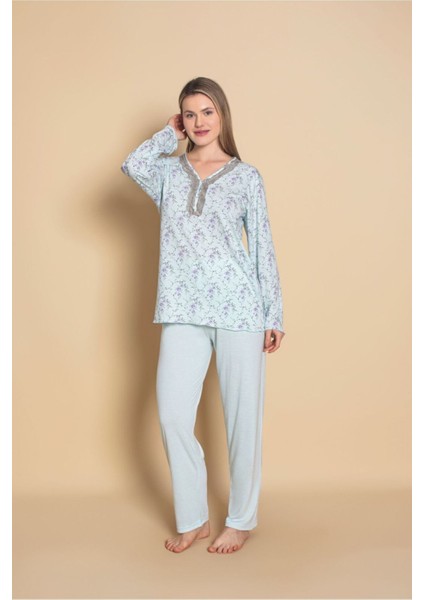 Kadın Homewear Bambu Pijama Takımı Uzunkol Üç Düğmeli Yaka Güpür Detaylı fiyatları