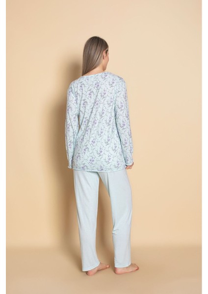 Kadın Homewear Bambu Pijama Takımı Uzunkol Üç Düğmeli Yaka Güpür Detaylı modelleri