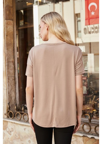 Kadın Modal Penye Geniş Sıfır Yaka Düşük Omuzlu Yanları Yırtmaçlı Bluz -Camel fırsatları