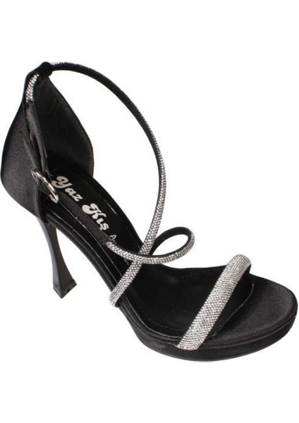 Yazkış Kadın Siyah Taşlı Tek Bantlı Çapraz Bantlı 11CM Ince Topuk 2 cm Platform Topuklu Abiye Ayakka