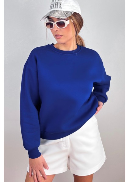 Kadın Cozy Içi Polarlı Saks Mavi Basic Bisiklet Yaka Pamuklu Kalın Örme Sweatshirt