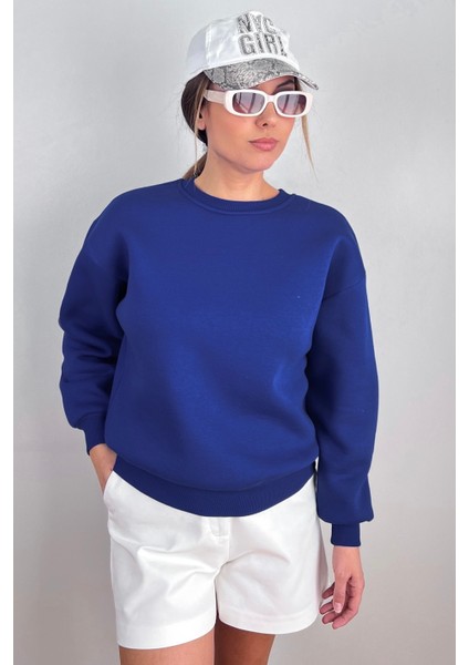 Kadın Cozy Içi Polarlı Saks Mavi Basic Bisiklet Yaka Pamuklu Kalın Örme Sweatshirt fiyatları