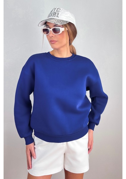 Kadın Cozy Içi Polarlı Saks Mavi Basic Bisiklet Yaka Pamuklu Kalın Örme Sweatshirt fırsatları