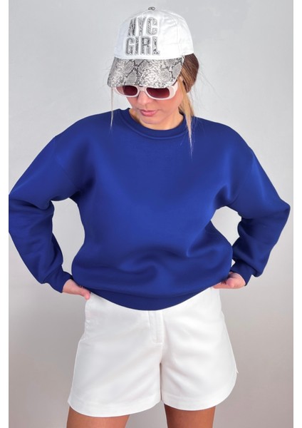 Kadın Cozy Içi Polarlı Saks Mavi Basic Bisiklet Yaka Pamuklu Kalın Örme Sweatshirt indirimleri