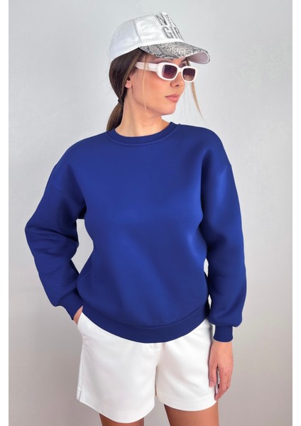 Kadın Cozy Içi Polarlı Saks Mavi Basic Bisiklet Yaka Pamuklu Kalın Örme Sweatshirt